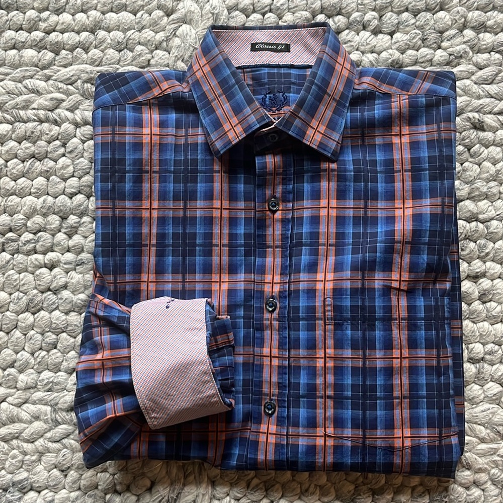 Bugatchi blue/orange plaid button-down shirt with contrasting cuffs